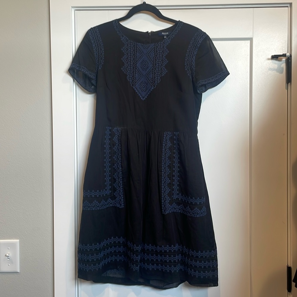 Madewell Black Shortsleeve Dress with Embroidered Detail, Size 4